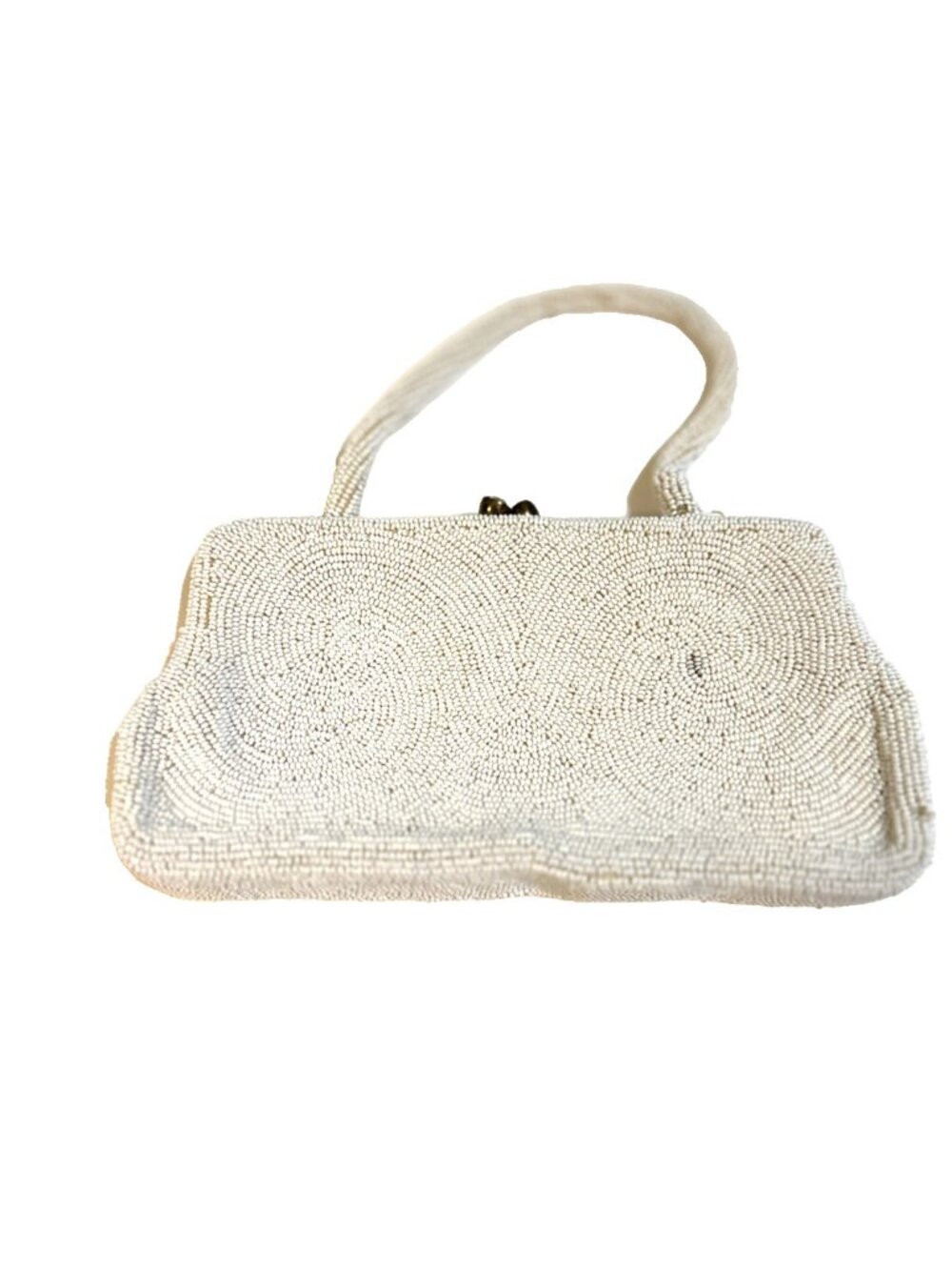 Vtg 40s Walborg Beaded White Handmade Belgium Evening Bag Rhinestone Kiss Lock